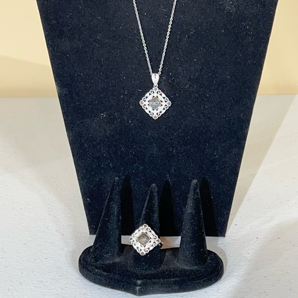 Vtg Br Isp Sterling Silver White And Black Diamond Necklace & Ring Matching Set